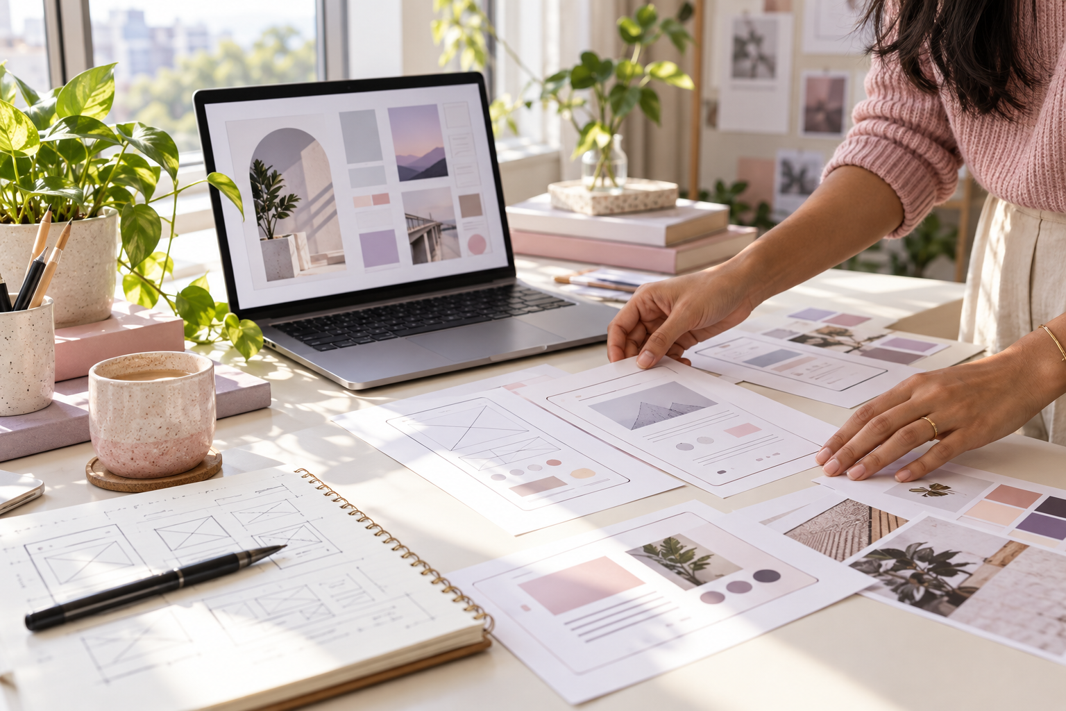 A designer arranging a portfolio and interface sketches at a bright desk